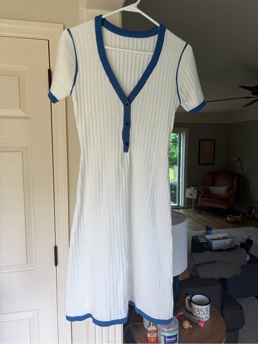 White & Blue Ribbed Knit V-Neck Dress